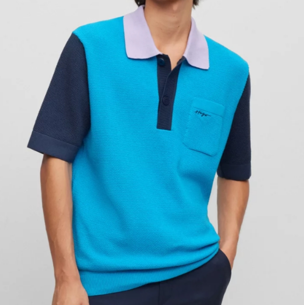 Hugo knit polo COTTON PIQUÉ WITH SKIPPER COLLAR light blue purple men's size XL